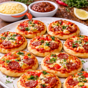 Mini cocktail pizzas on rustic plate